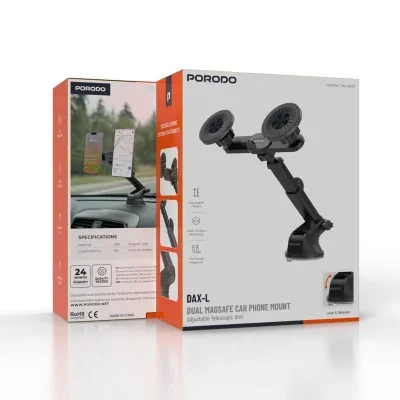 Porodo Dax-l Dual Magsafe Car Phone Mount Adjustable Telescopic Arm _ Black